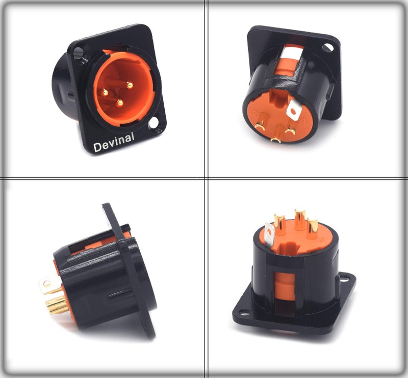 Devinal XLR Male Jack 3 Pin - Chassis Panel Mount Jacks D Series Size, Black Metal Housing, Fits Series D Pattern Holes Audio Studio Connector - 4 Pack - Image 2